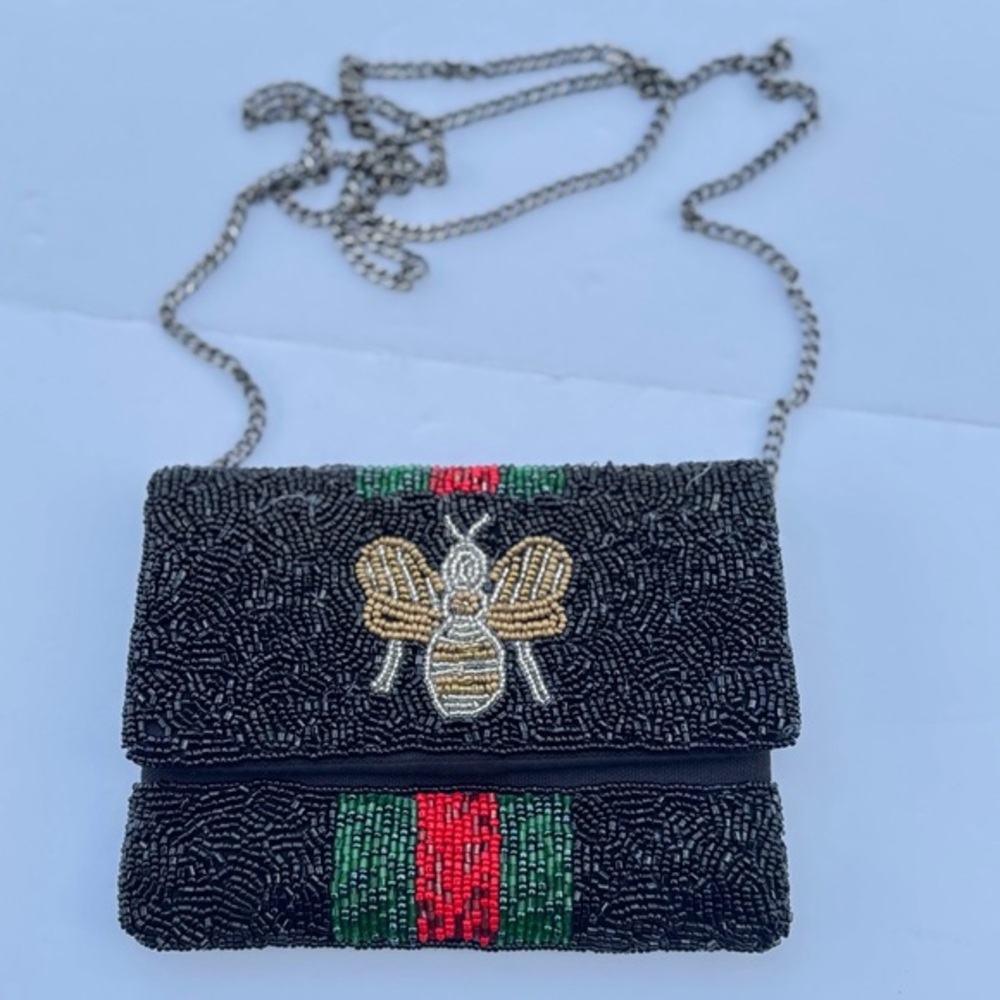La Chic Designs Black Beaded Crossbody Bag with Bee Design